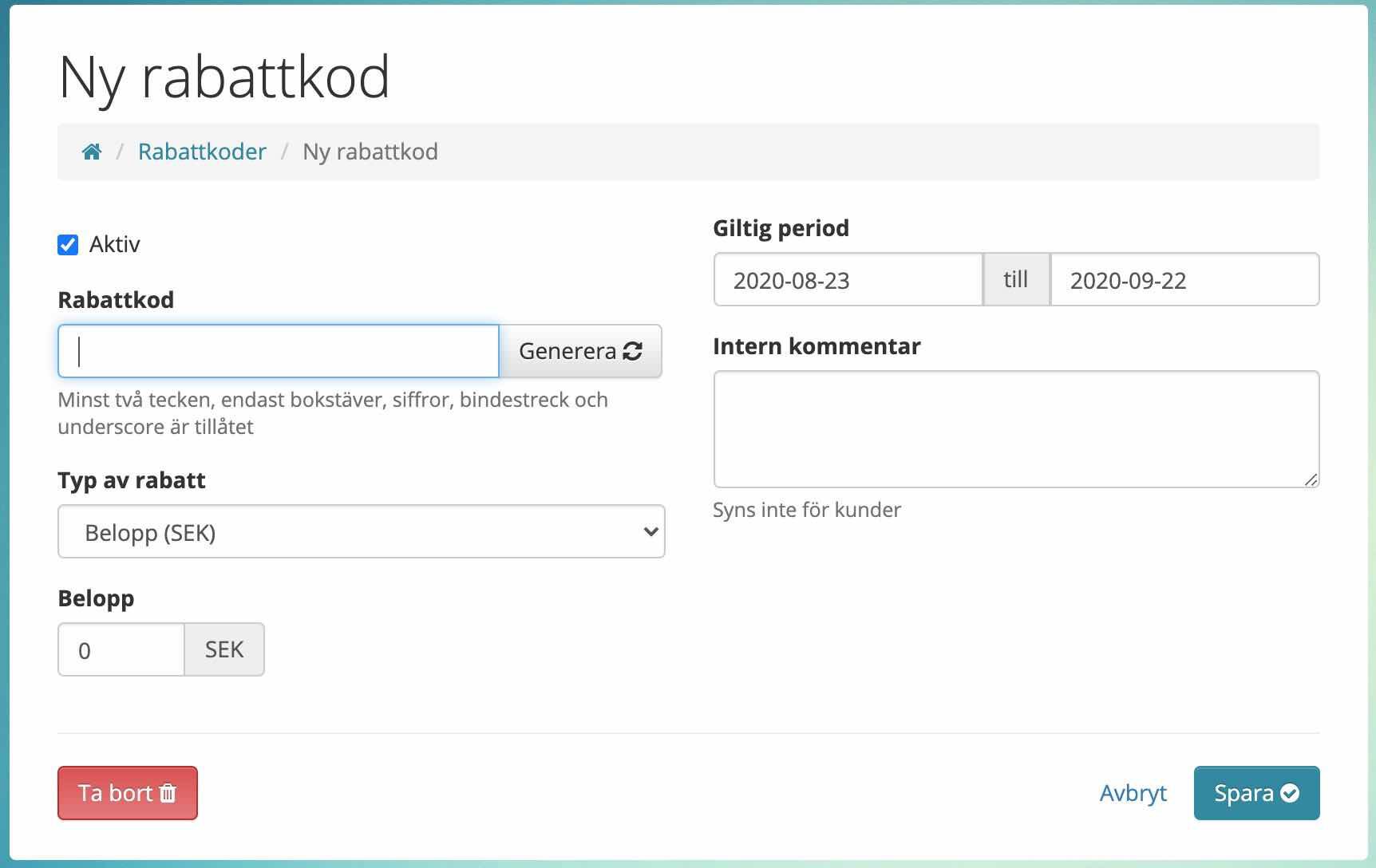 Lägg till ny rabattkod